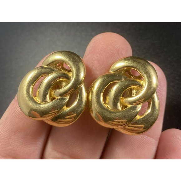 GIVENCHY Signed Triple Knot Clip On Earrings Gold Tone Vintage - Picture 2 of 6